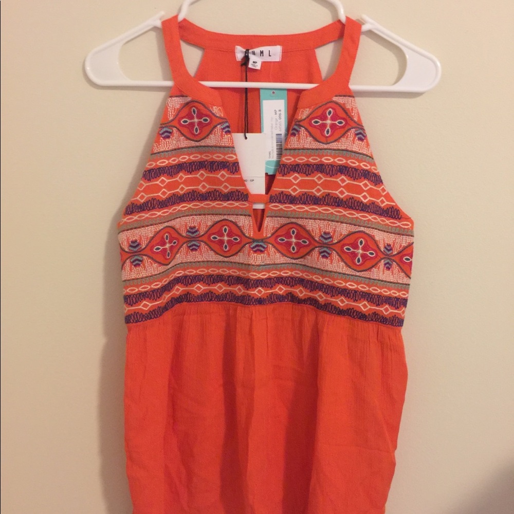 THML Orange Embroidered Halter Tank Top